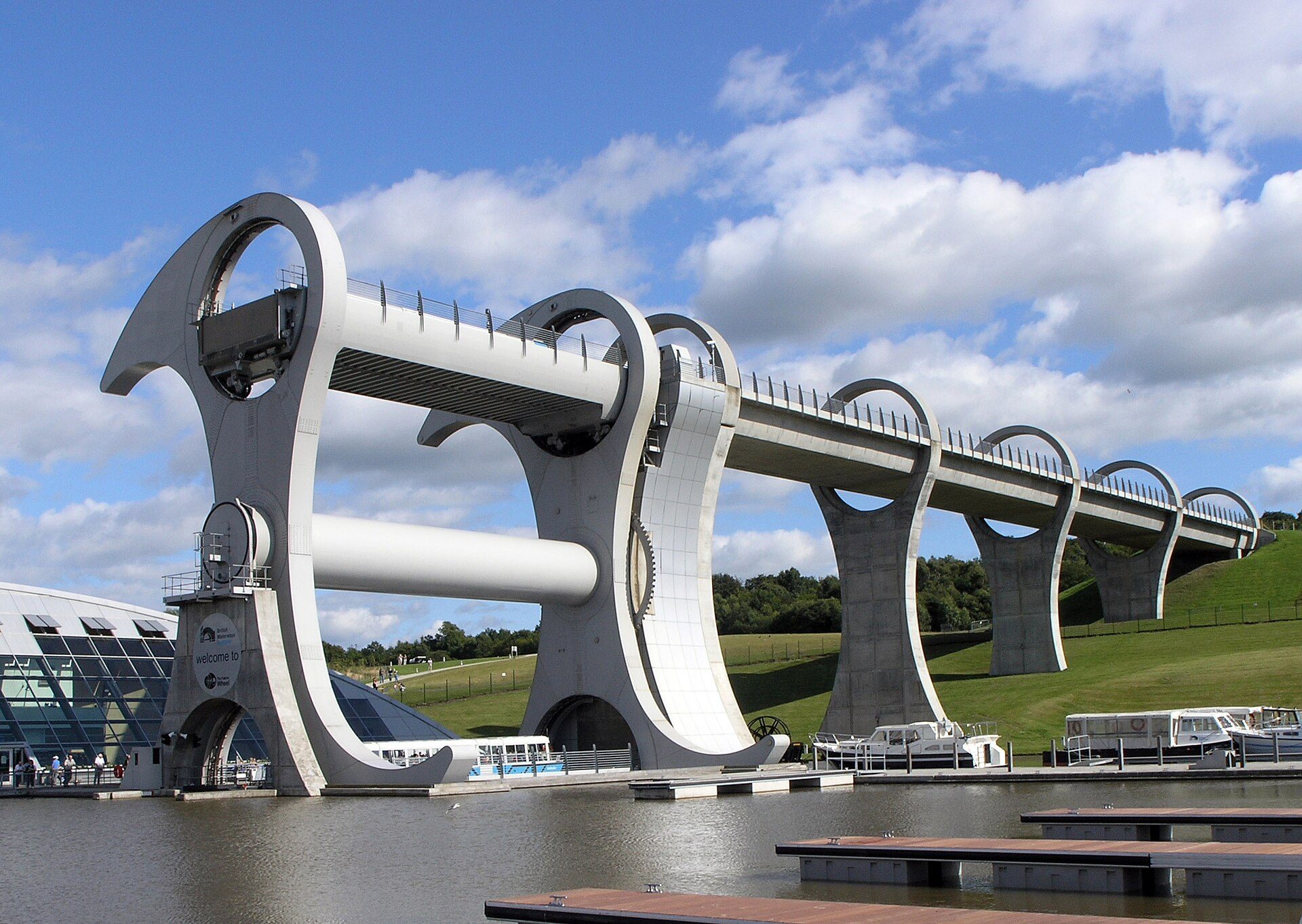 The Falkirk Wheel boat lift seen from the side